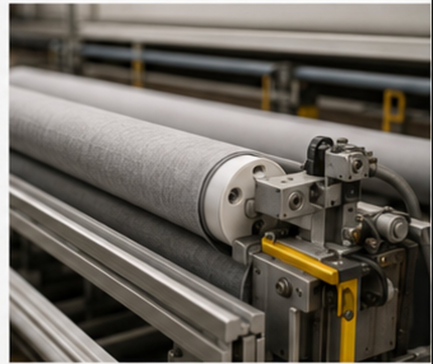 Fabric material running through blind manufacturing equipment
