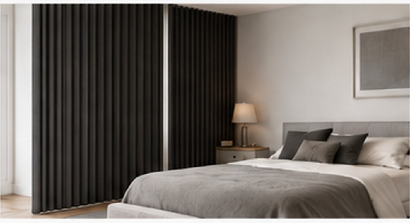 Bedroom interior with dark fabric window blinds